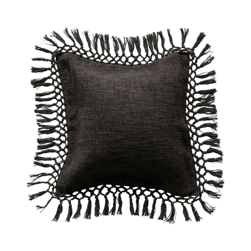 Cotton Slub Pillow with Crochet & Fringe - Black