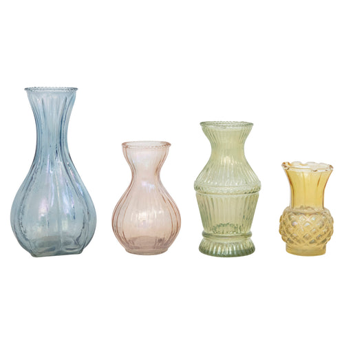 Set of 4 debossed glass vases in blue, pink, green and yellow. 