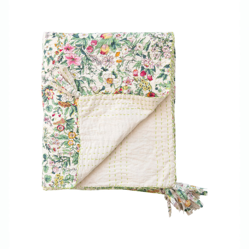Floral Pattern Cotton Quilt with Kantha Stitch and Cream interior lining. 