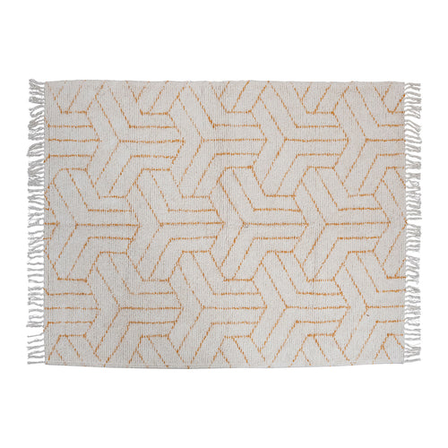 Stonewashed Cotton Tufted Rug with Geometric Pattern and Fringe in cream and mustard.