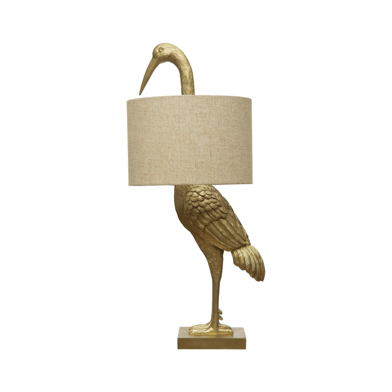 Bird Table Lamp with Linen Shade - Gold