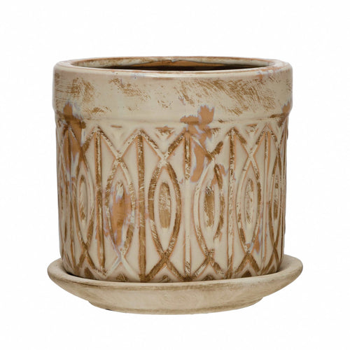 Debossed Terra-cotta Planter with Pattern and Saucer