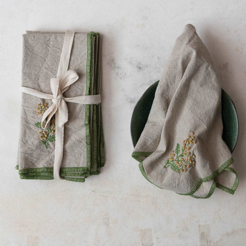 Cotton Napkins with Floral Embroidery, Set of 4