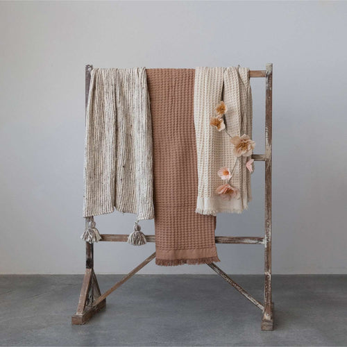 Cotton Waffle Weave Throw with Fringe - Putty