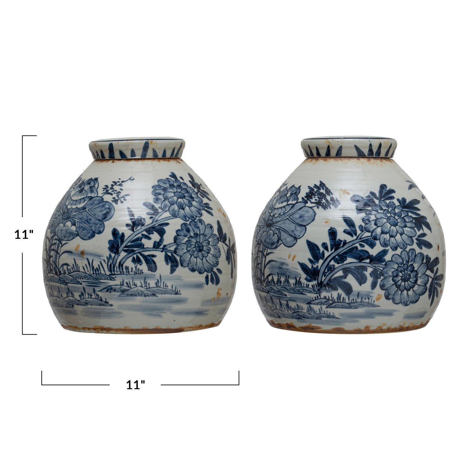 Decorative Stoneware Ginger Jar measures 11 inches high and 11 inches wide. 