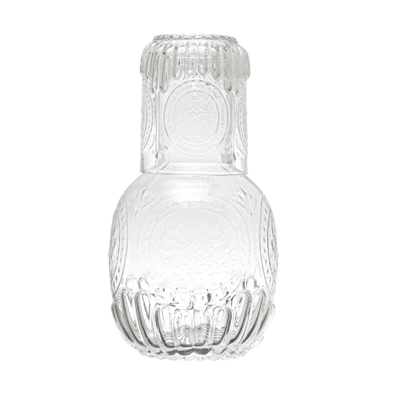 Embossed Glass Carafe with Drinking Glass, Set of 2