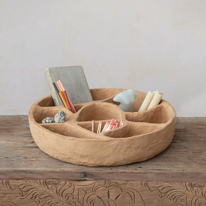 Decorative Paper Mache Organic-Sectioned Tray filled with sage, pencils, candles and matches. 