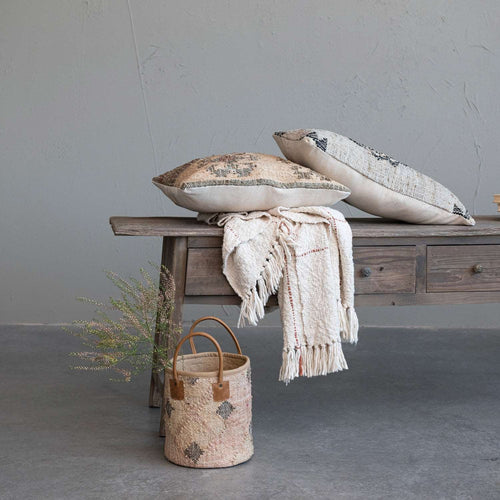 Cotton Slub Throw with Grid Pattern & Fringe