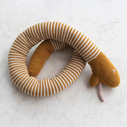 Cotton Knit Plush Snake with Stripes in Mustard Color & Natural coiled up.