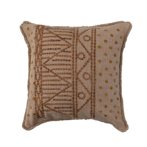 Cotton Slub Pillow with Embroidered Pattern, Chambray Back & Fringe, Polyester Fill.