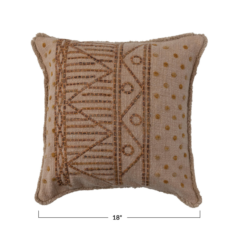 18 inch square cotton embroidered pillow in putty. 