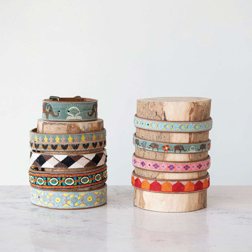 Cotton & Leather Dog Collar with Embroidery