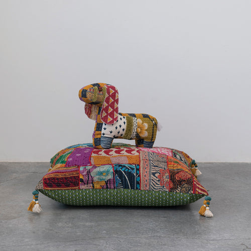 Cotton Kantha Dog Shaped Pillow sitting on top of a large Kantha Floor Cushion.