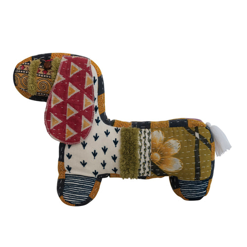 Cotton Kantha Dog Shaped Pillow with Tufting,