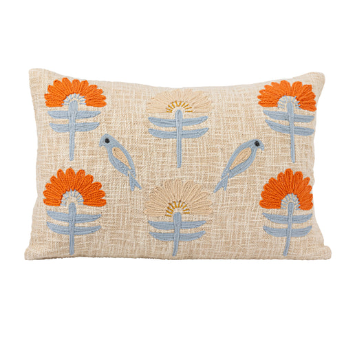 24"L x 16"H Woven Cotton Lumbar Pillow is emboirdered with flowers and birds.