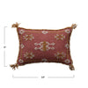 Cotton & Silk Lumbar Pillow with Embroidery, Piping & Tassels measures 9 inches high and 14 inches long. 