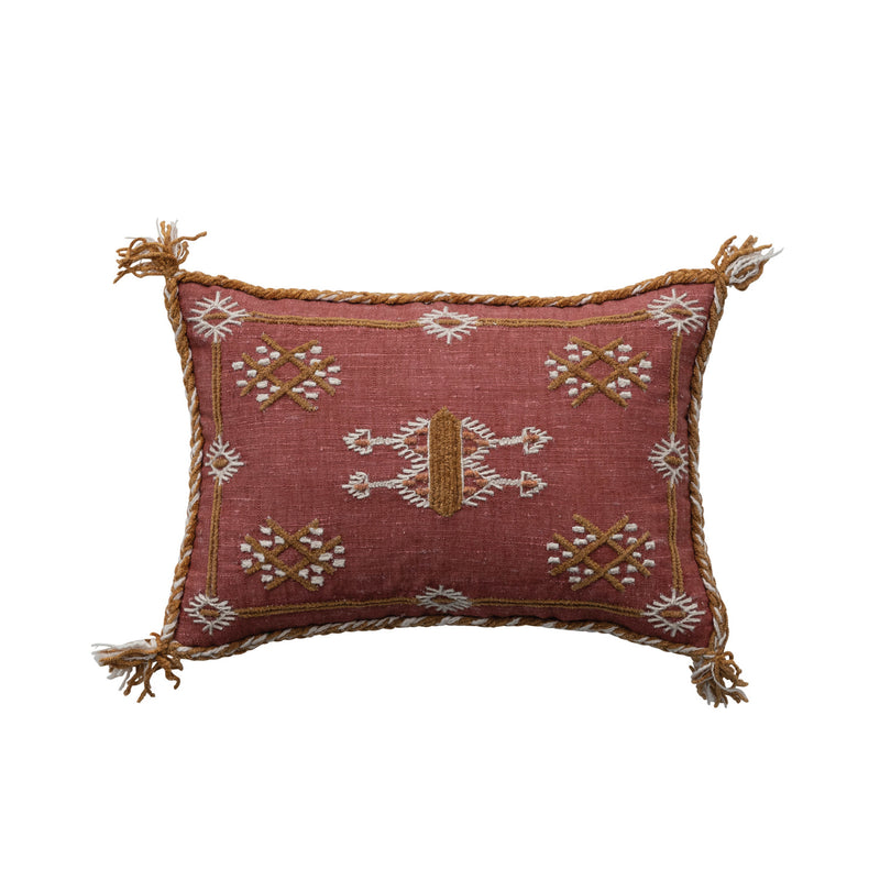 Cotton & Silk Lumbar Pillow with Embroidery, Piping & Tassels.