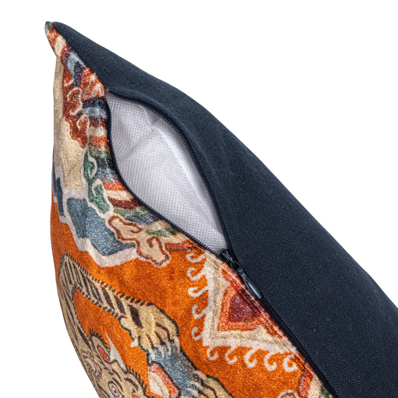 Up close photo showing design detail and hidden zipper of the Cotton Velvet Printed Lumbar Pillow. 