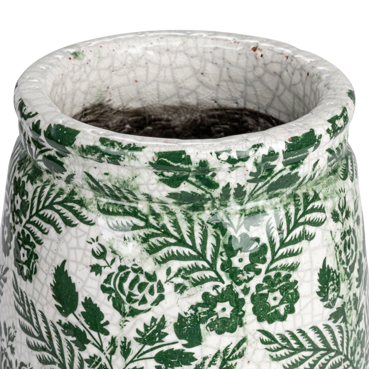 Opening of the Terracotta Planter/Vase with Transferware Pattern in green and white. 