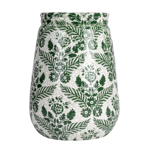 Terracotta Planter/Vase with Transferware Pattern in green and white. 