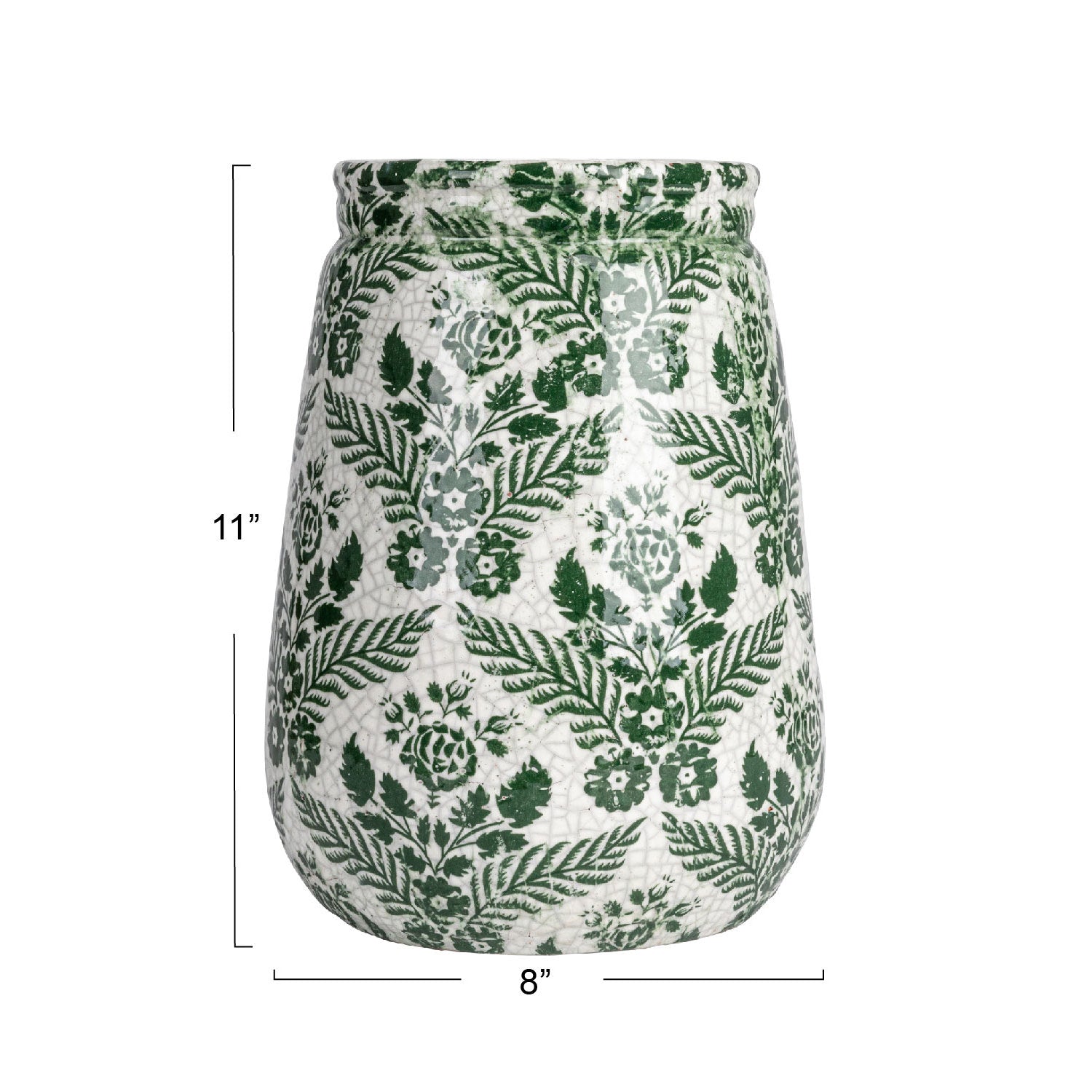 The Terracotta Planter/Vase with Transferware Pattern in green and white measures 11 inches high and 8 inches wide. 