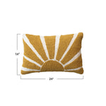 Cotton Tufted Lumbar Pillow with Sun measures 24 inches long and 16 inches high. 