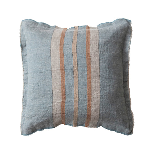 20" Square Woven Linen Pillow with Stripes, Cotton Slub Back & Fringe in blue, tan and cream. 
