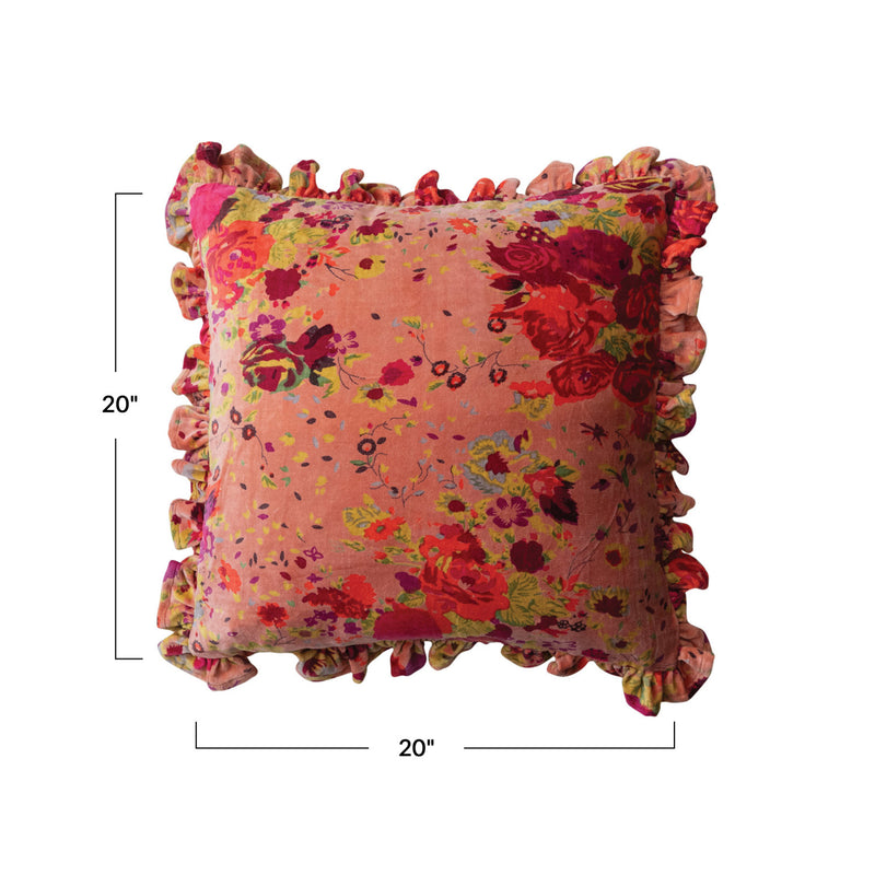 20" Velvet Printed Pillow with Floral Pattern