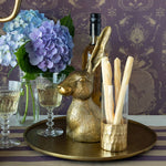 Halcyon Hare Platter used on a buffet to display wine bottle, wine glasses and breadsticks. 