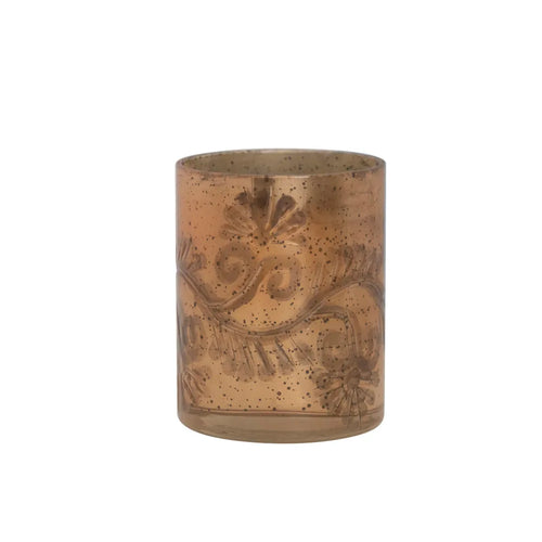 Etched Mercury Glass Votive Holder with floral design.
