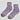 Pair of purple socks with white stripes on a light gray background