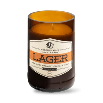 Rescued Wine Candles Craft Beer Collection candle Lager in a recycled amber glass bottle. 