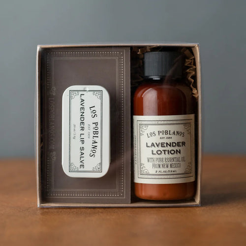 Los Poblanos Lavender Gift Set shown containing lotion and lip salve,in kraft box. 