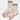 Pair of beige socks with red text on a white background