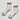 Pair of white socks with red, blue, and gray stripes on a light gray background