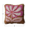 Measurements of the  cotton tufted pillow with pink flowers and fringe.