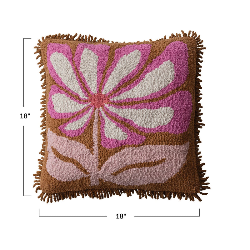 Measurements of the  cotton tufted pillow with pink flowers and fringe.