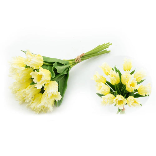 Pale yellow real natural touch parrot tulips, a bundle of 12 stems wrapped with paper twine. 