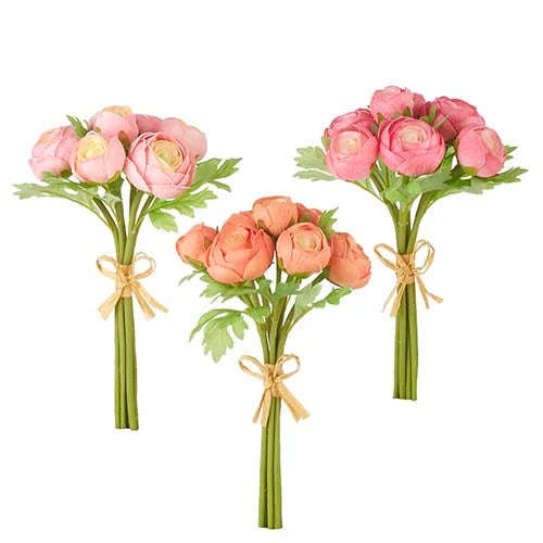 3 bunches of artificial ranunculus bundles in pale pinks and oranges. 