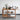 Wooden kitchen island with various kitchen items on a light gray floor and white wall background