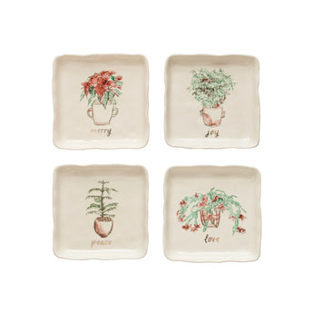 Square Stoneware Plate w/ Plant, Holiday Word & Gold Electroplating