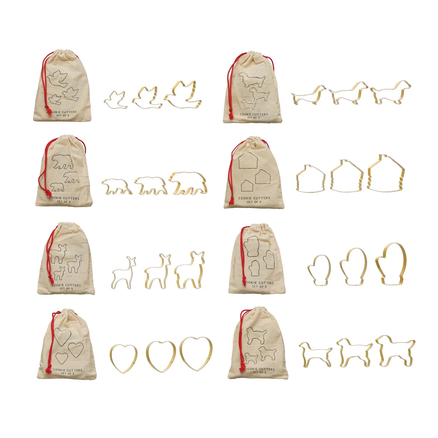 8 different styles of Christmas cookie cutters including reindeer and doves. 