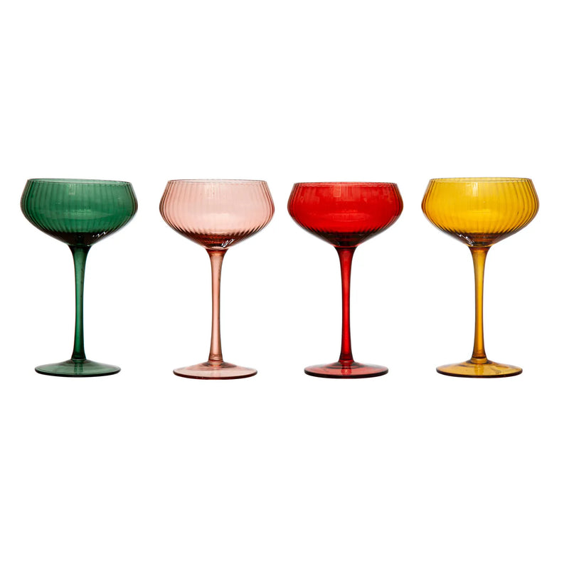 Stemmed Champagne Glass in green, pink, red and yellow.