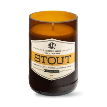 Rescued Wine Candles Craft Beer Collection soy wax candle Stout in a recycled amber glass bottle. 