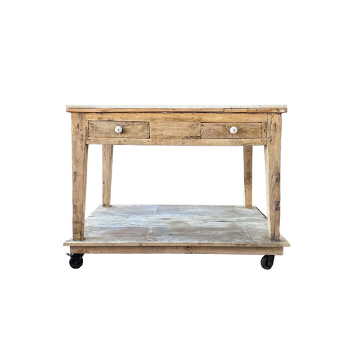 A rustic wood kitchen island with 2 drawers.