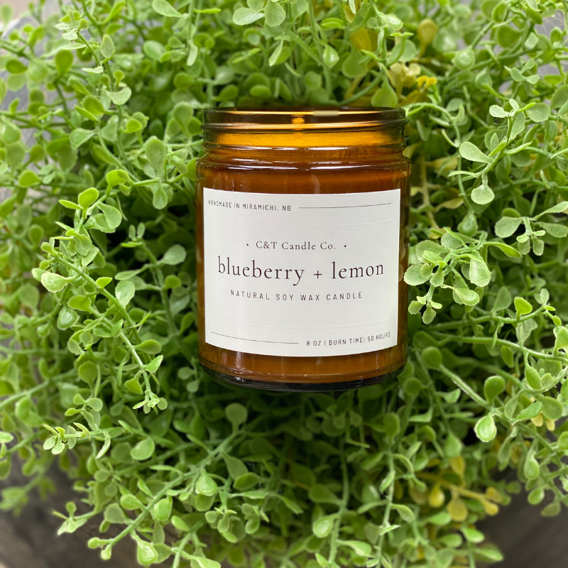 Blueberry Lemon Soy Wax Candle on top of greenery. 