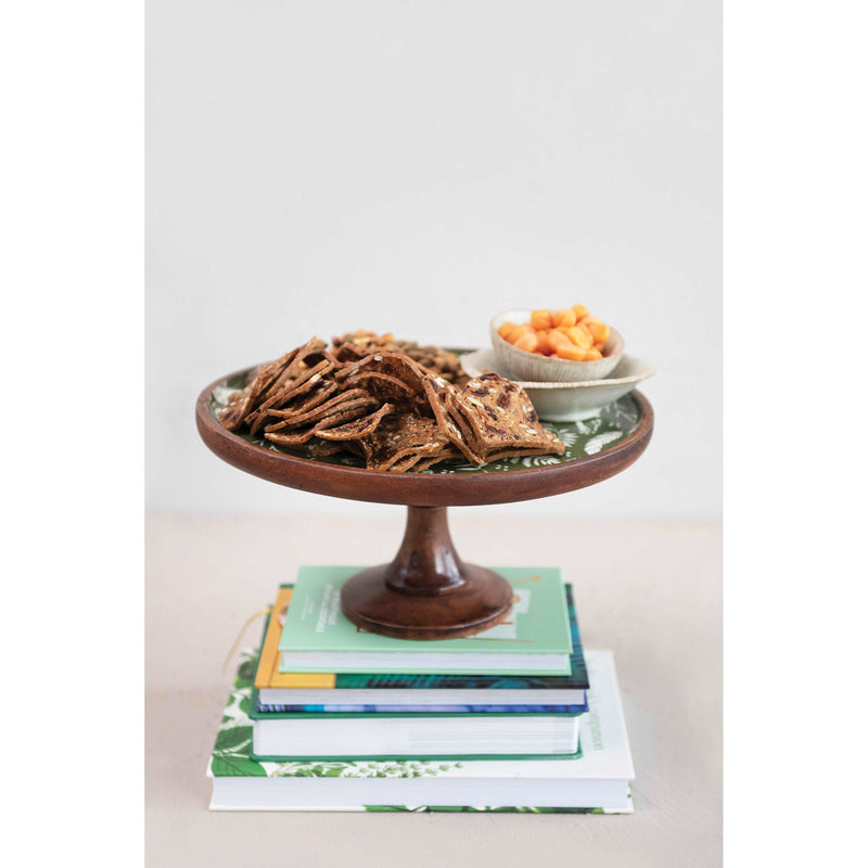 Enameled Acacia Wood Pedestal - Green & White