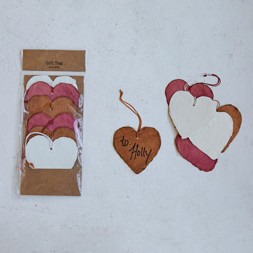 3" Handmade Recycled Paper Heart Gift Tags, Set of 6