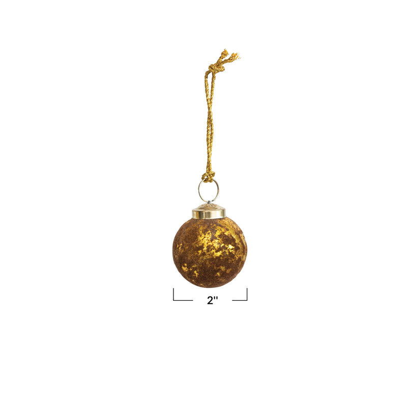 Flocked Glass Ball Ornament, Brown & Gold Finish