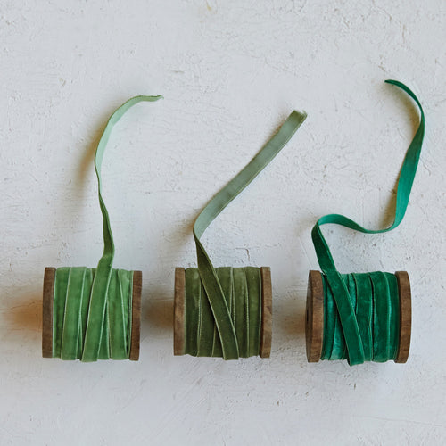 10 Yard Velvet Ribbon on Wood Spool - Greens